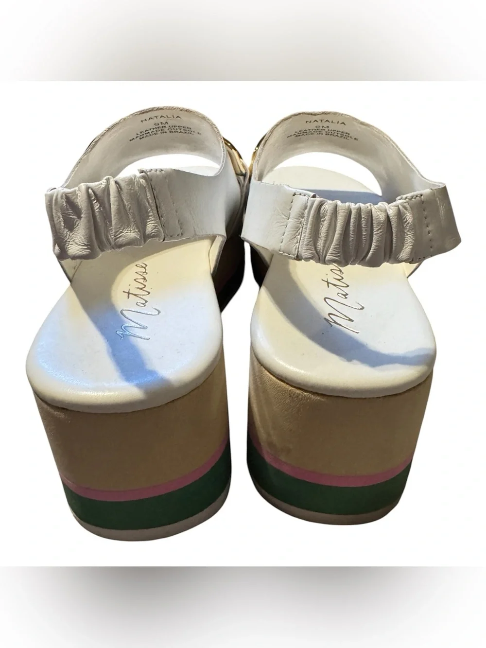 Matisse Natalia White Wedge Sandal with Gold Chain and Multicolor Platform